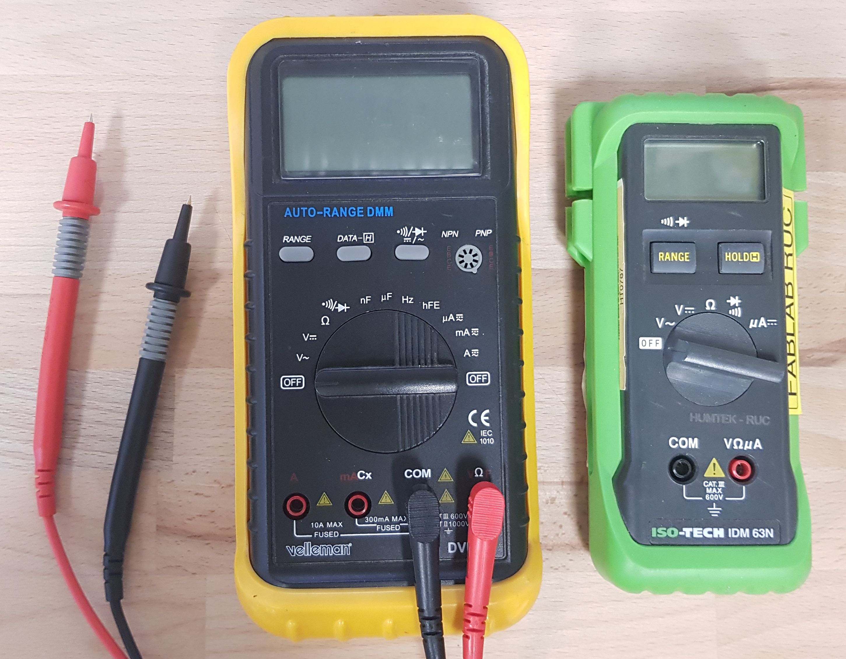 Two multimeters, one with probes connected